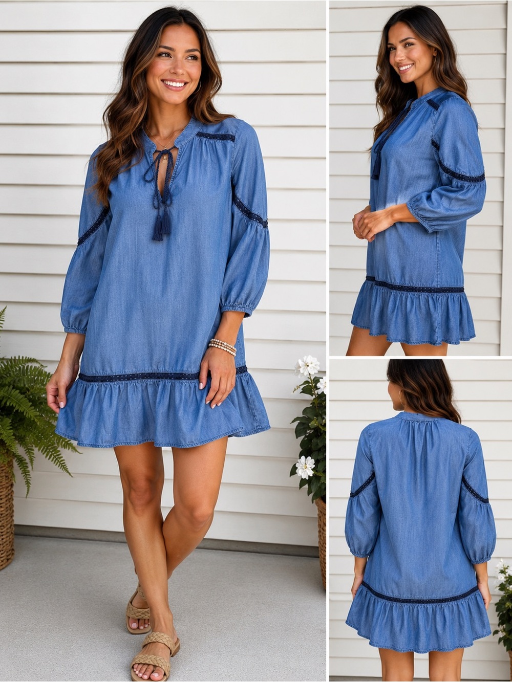 Crown & Ivy Women Large Blue Tencel Lyocell Tunic Dress Boho Peasant